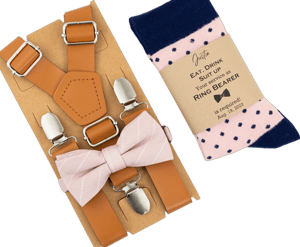 Kids tan suspenders, light pink/ blush strips bow tie with blush and navy polka dot socks, kids suspenders, tie & socks set,light pink tie