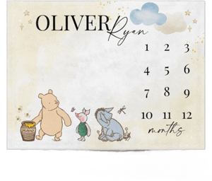 Classic Pooh Bear Baby Milestone Blanket Boy, First Year Calendar Monthly Growth Mat, Personalized Bear Name Month Blanket, Baby Shower Gift