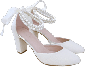 Lace Block Heel Shoes with Double Pearls Ankle Strap