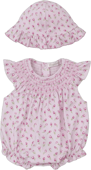 Kissy Kissy Girl's Tulip Blossoms Smocked Bubble Romper W/ Sunhat