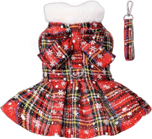 Christmas Dog Harness Dress with Leash Set Red Plaid Puppy Sweaters for Small Dogs Girl Winter Warm Pet Clothes Outfits Cute Bowknot Doggy Apparel Cat Holiday Xmas Party Costume (X-Small, Red)