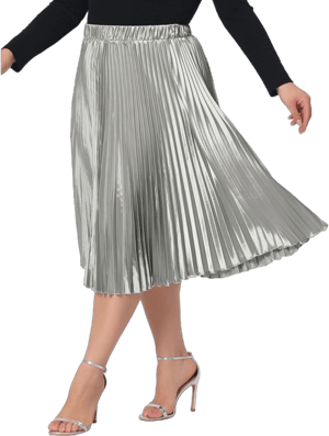 Agnes Orinda Women's Plus Size Halloween Pleated Stretched High Waist Metallic Shiny Midi Circle Skirts Silver 1X