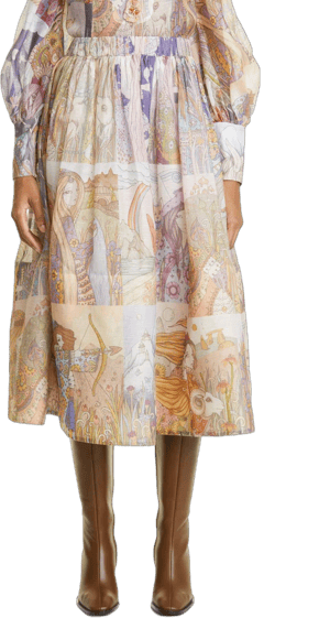 Zimmermann Zodiac Tile Print Linen & Silk Midi Skirt