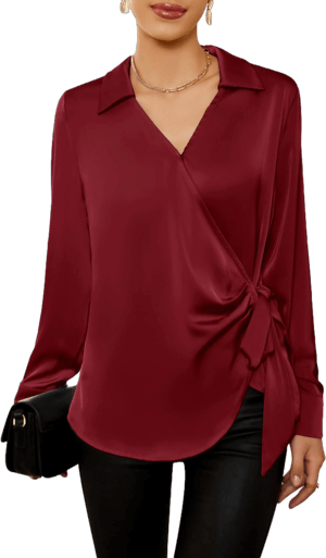 GRACE KARIN Women's Satin Silk Blouses Wrap V Neck Shirts Long Sleeve Elegant Tie Waist Office Formal Work Tunic PulloverTops