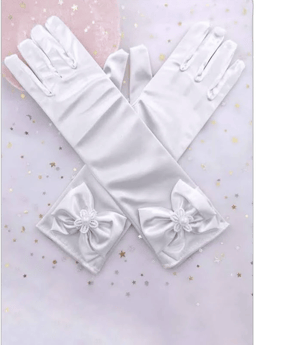 JJ's House Satin Flower Girl Elastic Elbow Length Gloves with Imitation Pearls