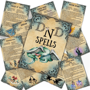 DND 5e spell scroll, DND spellbook, RPG printable class spells, Dungeons and dragons spells tools