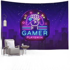 Crannel Gamer Play Win Logo Neon Sign Template Game Night in Style Modern Trend Light Banner Tapestry 92.5X70.9 Inches Wall Art Tapestries Hanging Dorm Room Living Home Decorative,Purple Black-8 92.5L" x 70.9W" Purple Black-8