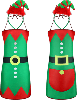 SATINIOR 4 Pieces Christmas Elf Apron and Santa Elf Hat Headbands Cute Kitchen Cooking Aprons Christmas Costume Accessories for Fancy Dress Party Thanksgiving Day