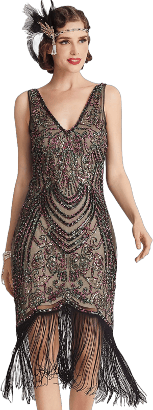 BABEYOND Flapper V Neck Beaded Fringed Dress