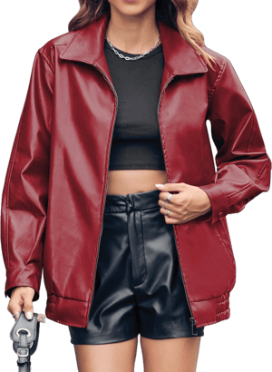 Miladusa Women's Oversized Faux Leather Bomber Jacket