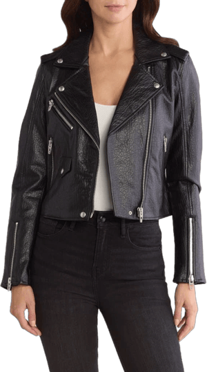 BLANKNYC Women's Cropped Faux Leather Moto Jacket