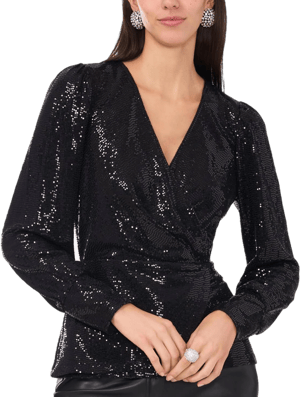 Vince Camuto Women's Sequined Faux-Wrap Long-Sleeve Top