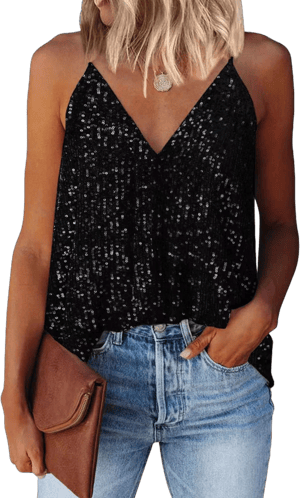 Women's Casual V-Neck Strappy Sequin Sparkle Camisole Tank Tops