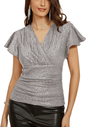 Grace Karin Women's Sparkly Sequin Ruffle Sleeve V-Neck Ruched Wrap