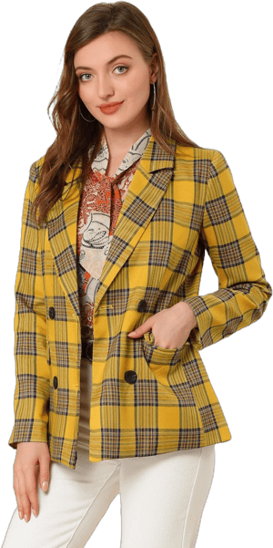 Allegra K Women's Casual Fit Double Breasted Plaid Blazer Jacket