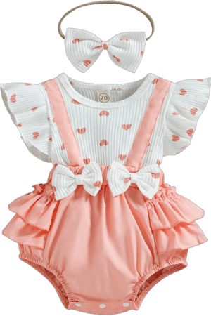 Infant Girls Valentine's Day Fly Sleeve Ribbed Hearts Printed Ruffles Romper Newborn Bodysuits Headbands Sleeved 12-18 Months Red