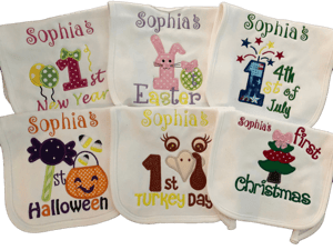 My First Holiday Bibs 6 Month Set, Holiday, Bib Set, Baby Bib Set, Embroidered Bib Set, Custom Bib Set, Baby First Bib, My First Bibs