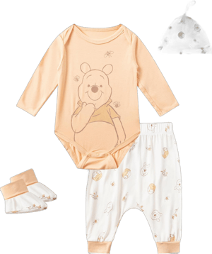 Disney Winnie the Pooh Baby Boys 4 Pack Bamboo Viscose Long Sleeve Bodysuit with Booties, Hat, and Pants Set for Infant