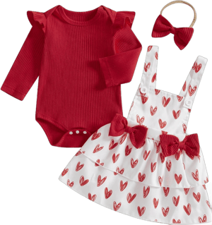 Baby Girls Valentine's Day Sets Spring Solid Color Long Sleeve Romper Heart Print Suspender Skirt Headband Sets Red 0-3 Months