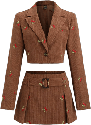 SHEIN Women's Y2K Cherry Embroidered Corduroy Suit Set