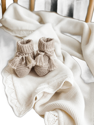 Baby Knitted Booties | Baby Booties Pom Poms | Booties 0-3 months | GOTS Organic | Newborn Socks | Beige Oat Booties | Unisex Booties Shoes