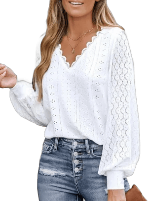 CUPSHE Long Sleeve Tops for Women Eyelet Scalloped Lace V Neck Blouse Casual Loose Fashion Shirts