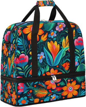 Classic Floral Theme Gym Bag for Women Duffle Tote with Shoes Compartment Men Weekender Duffel for Dance Travel Sports Swimming Overnight