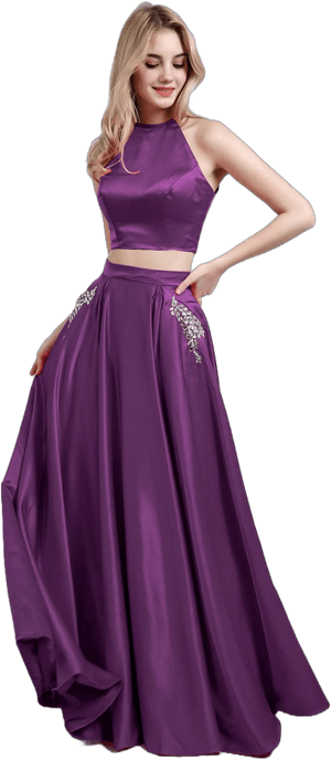 BABARONI Two Piece Satin Prom Dress with Pockets