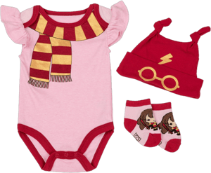 Harry Potter Baby Girls' Bodysuit, Knotted Cap & Socks Gift Set Pink/Red/Yellow, 6-9 Months