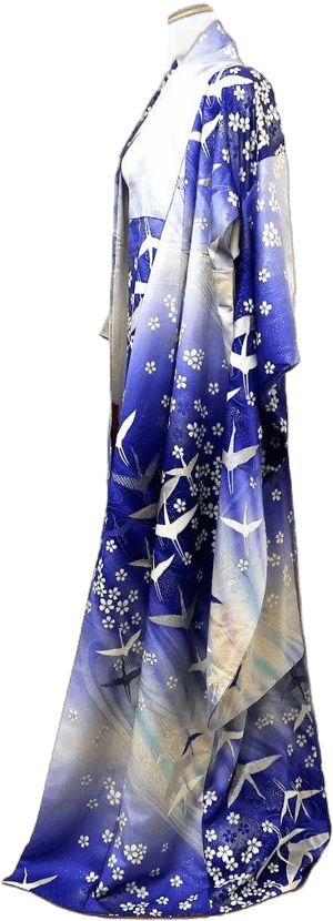 Furisode Blue Gold Silver Crane birds Cherry Blossom Silk