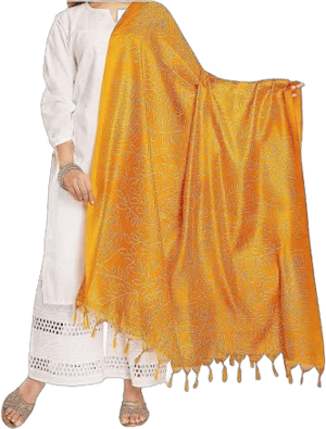 Beautiful Floral Printed Silk Dupatta With Tassels For Womens Golden