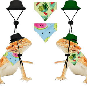 Bearded Dragon Hawaiian Costume - 4 Pcs Adjustable Lizard Summer Hat Fruit Pattern Bandana Reptile Halloween Outfit Photo Props for Gecko Chameleon Amphibians Ferret Hamster (4 Pack,Hawaiian Costume)