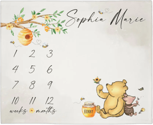 Winnie Bear Baby Milestone Blanket Girl, First Year Calendar Monthly Growth Mat, Personalized Name Pooh Bear Month Blanket, Baby Shower Gift