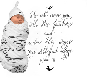 Muslin Swaddle & Bonus Baby Hat with Scripture Quote (Psalm 91) - 100% Organic Unbleached Cotton - Swaddle/Blanket is a Unique Shower & Baptism Gift -