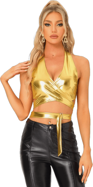 Inspire Chic Women's Metallic Halter Neck Deep V Neck Backless Holographic Crop Top