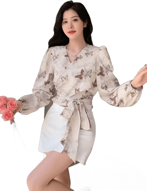 SHEIN Women's Floral Wrap V-Neck Tie Waist Cropped Long Sleeve Shirt