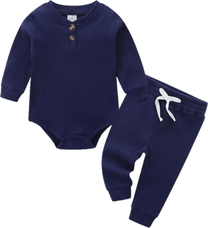 Unisex Baby Outfits Long Sleeve Onesie Snug Ribbed Cotton Bodysuit Infant Solid Tops Pants 2PCS (6-12)months Dark Blue