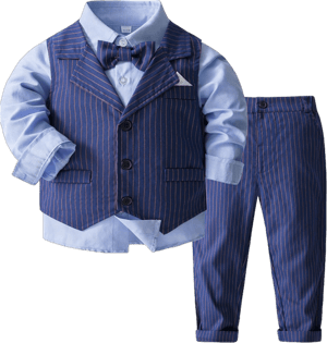 Boys’ Plaid Button Down Polyester Casual Dress Shirt Slim Fit +Vest+Pant Outfits 4T Blue Stripe