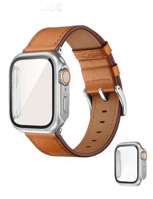 2pcs Apple Watch Band + Apple Watch Case, Classic Soft Comfortable Brown Leather Apple Watch Band, PC Hard Material Case With Screen Protector,Full Protection Compatible With Apple Watch Ultra 3 2 1 Series SE/S10/S9/S8/S7/S6/S5/S4/S3/S2/S1, Thin Adjustable Strap Unisex, Looks Like Ultra Face, Waterproof Shockproof Apple Watch Protective Cover