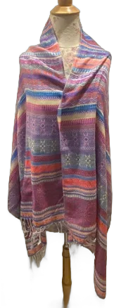 Bright Multi Colored Woven Scarf , Shawl Serape Style Textured Fringe