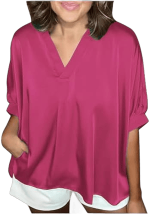 Blouses for Women Dressy Casual Satin Silk Half Sleeve Tunic Tops 2024 Summer Plus Size Fashion Solid V Neck Shirts 1#hot Pink X-Large