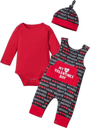 DONWEN Baby Boy Valentines Day Outfit My First Valentines Day Cotton Romper + Heart Print Overall + Hat 3pcs Outfit Set 0-3 Months Red