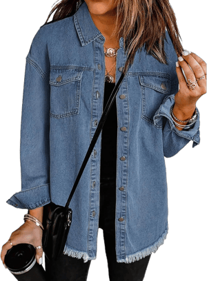 Vetinee Women's Oversized Denim Jean Jacket with Frayed Hem