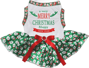 Petitebella Merry Christmas & Happy New Year Reindeer Puppy Dog Dress (White/Green Santas, XXX-Large)