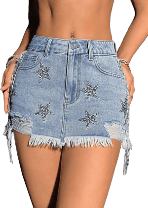 Women's Glitter Star Low Waist Ripped Raw Hem Denim Skirt