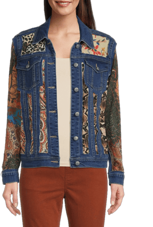 John Mark Women's Point Collar Long Cuff Sleeve Cut-Out Denim Jacket