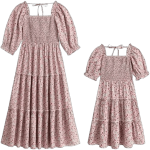 Fymnsi Mommy and Me Floral Print Ruffle Dress Half Sleeve Spring Summer A-Line Dress Tea Party Tiered Dress Family Matching Outfit Girl