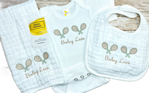 Gender Neutral Unisex Tennis Baby Shower Gift; Personalized Embroidered Tennis Baby Outfit; Muslin Bib, Burp Cloth, Bodysuit, Gown & Sets