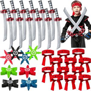 Deekin 48 Pcs Ninja Party Favors Includes Inflatable Ninja Sword, Foam Ninja Star Toys, Ninja Headbands, Small Throwing Stars Karate Headband for Halloween Boys Girls Costume Accessories