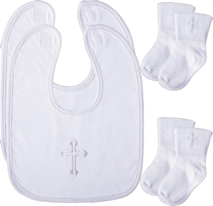 Jiuguva 4 Pcs Baptism Bibs and Socks Set Christening Bib for Baby White Embroidered Cross Baptism Outfit for Boy Girl 7.1 x 9.8 Inch